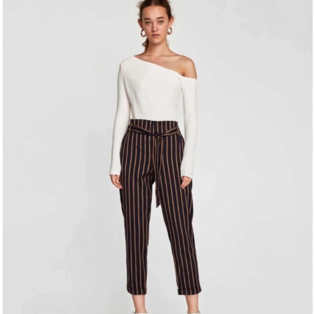 Zara TFC Navy Striped Paperbag Trousers